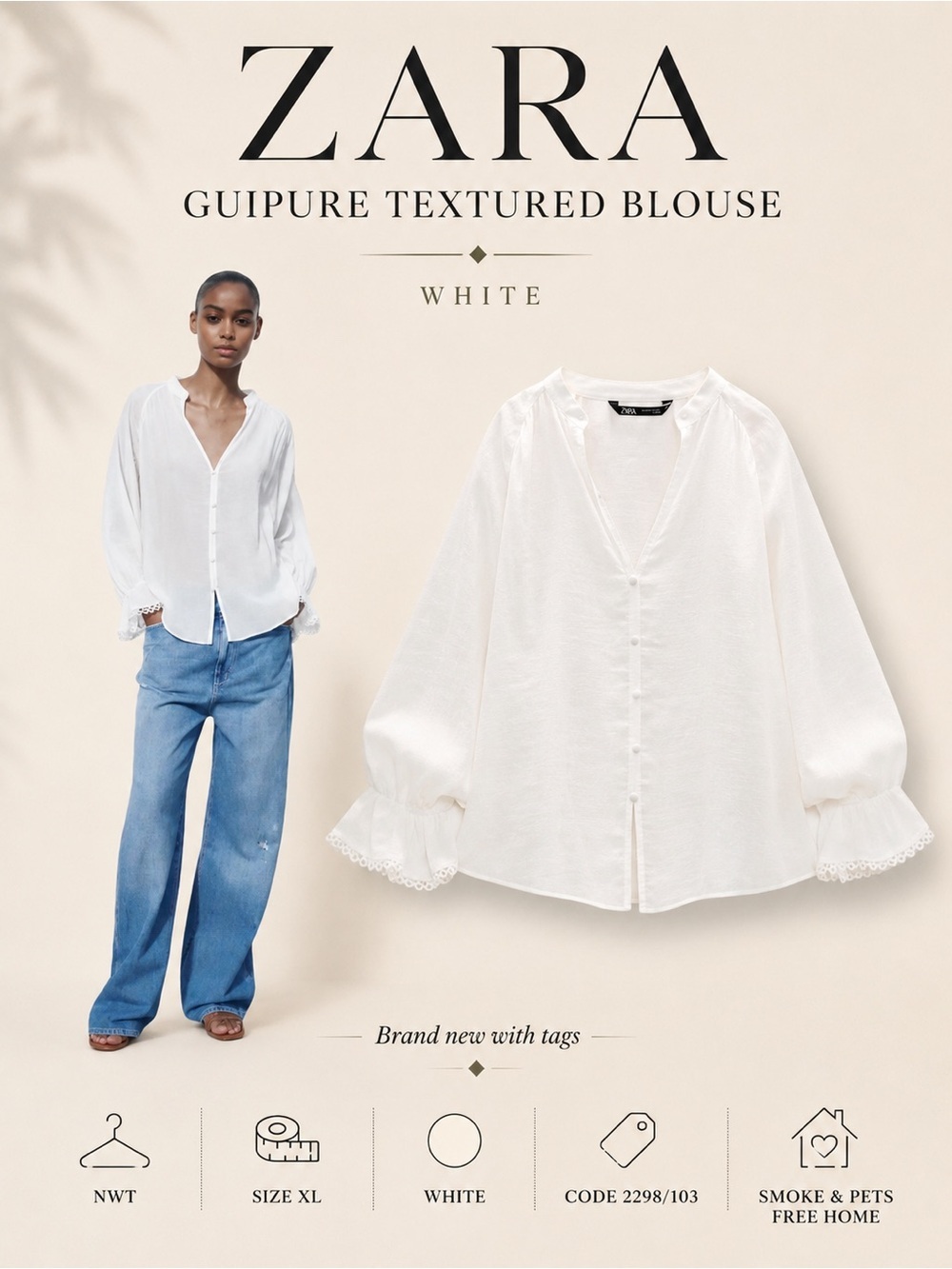Zara White Guipure Textured Blouse Size XL NWT Lace Cuff Button Front Top